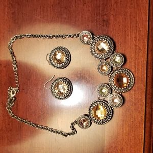 Primier designs necklace and earring set, silver plated with orange crystals